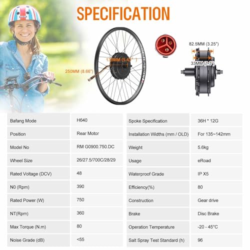 BAFANG 750W Rear Hub Motor : G0900 H640 48V Ebike Conversion Kit for 135 138 142 mm Dropout, 26" 27.5" 700C Bicycle Kit with Optional Battery, Display, PAS Sensor for Electric Bike Rear Wheel
