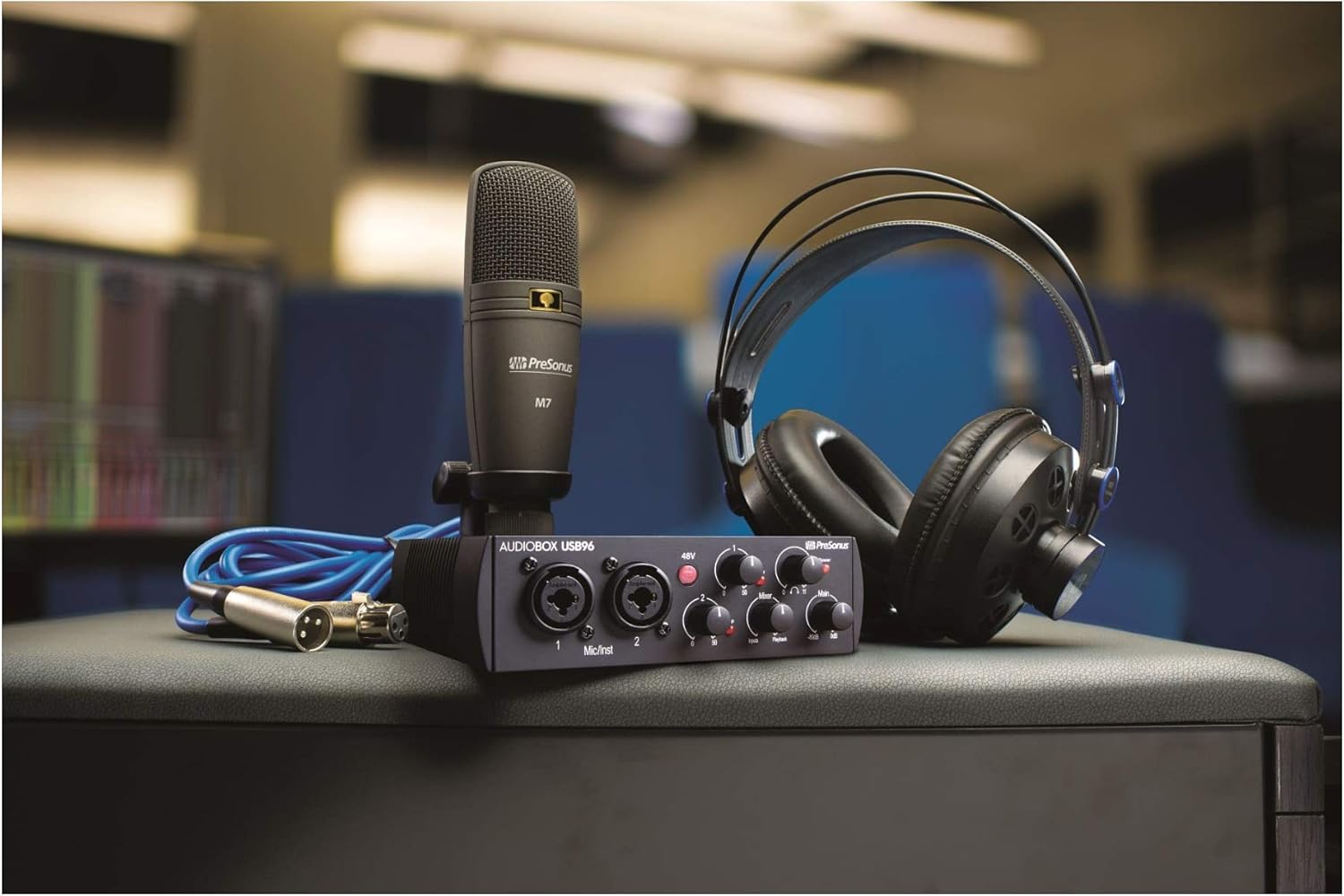 PreSonus AudioBox 96 Interface with Presonus Microphone, Headphones, XLR Cable Bundle with Knox Gear Studio Stand, Pop Filter and Shock Mount (7 Items)