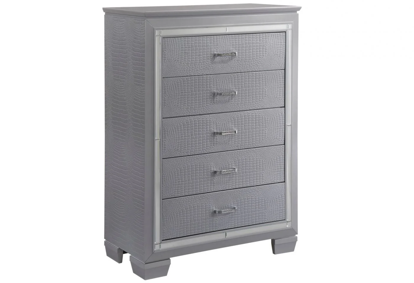 Contemporary Silver Finish 6pc King Size LED Backlit Upholstered HB Bed Dresser Mirror Nightstand Chest Wooden Bedroom Furniture Set
