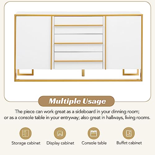 Modern Buffet Table Sideboard Cabinet Credenza, Living Room Cabinets Large Buffet Cabinet with Adjustable Shelves 3 Drawers 2 Doors for Kitchen Dining Room, White and Gold Buffet
