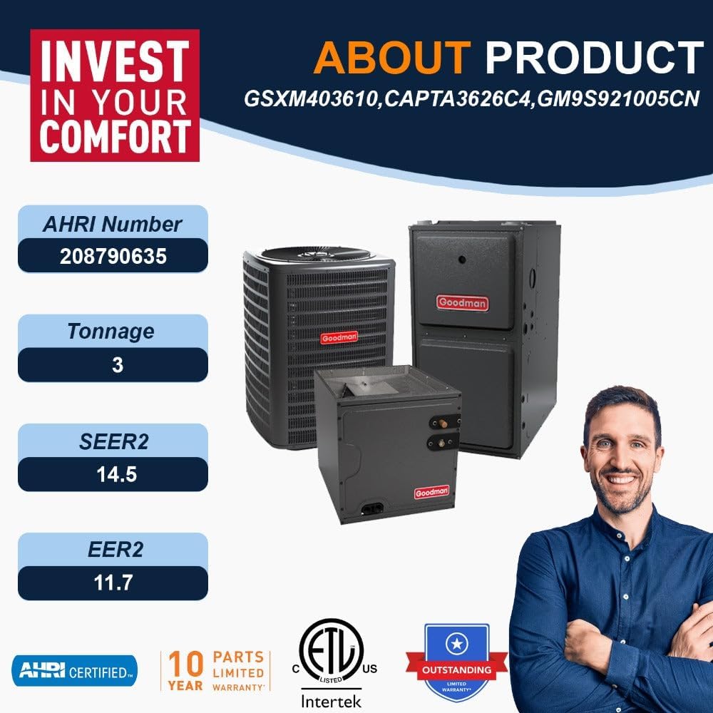 Goodman 3 Ton 14.5 SEER2 Single Stage Air Conditioner GSXM403610 and 100,000 BTU 92% AFUE Multi-Speed Gas Furnace GM9S921005CN Upflow System with CAPTA3626C4
