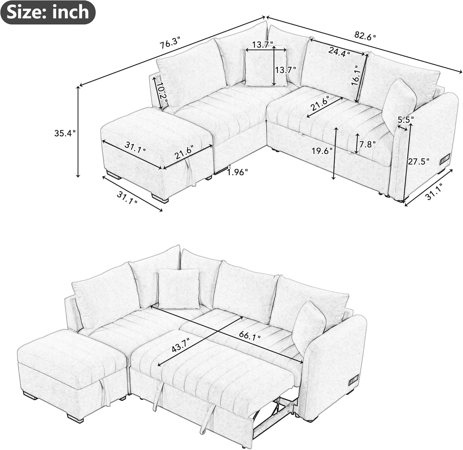 82.6" L-shaped Sectional Pull Out Sofa Bed Sleeper Sofa with Two USB Ports, Two Power Sockets and a Movable Storage Ottoman, Gray