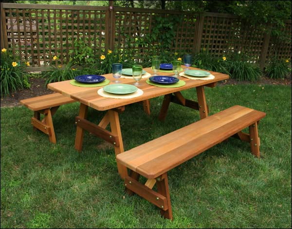 Red Cedar 32" Wide 4' Picnic Table with (2) 4' Benches