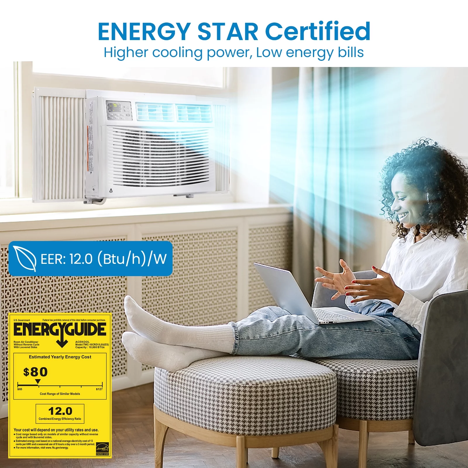 Window-Mounted Room Air Conditioner, 8,000 BTU, Cools 350 Sq.ft, Quiet Operation, Window AC Unit with Remote/App Control and Dehumidification Function