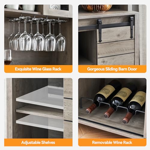 70" Farmhouse Coffee Bar Wine Cabinet with Sliding Barn Doors and Storage, Tall Kitchen Hutch with Wine & Glasses Rack, Pantry Cabinet for Kitchen, Dining Room, White