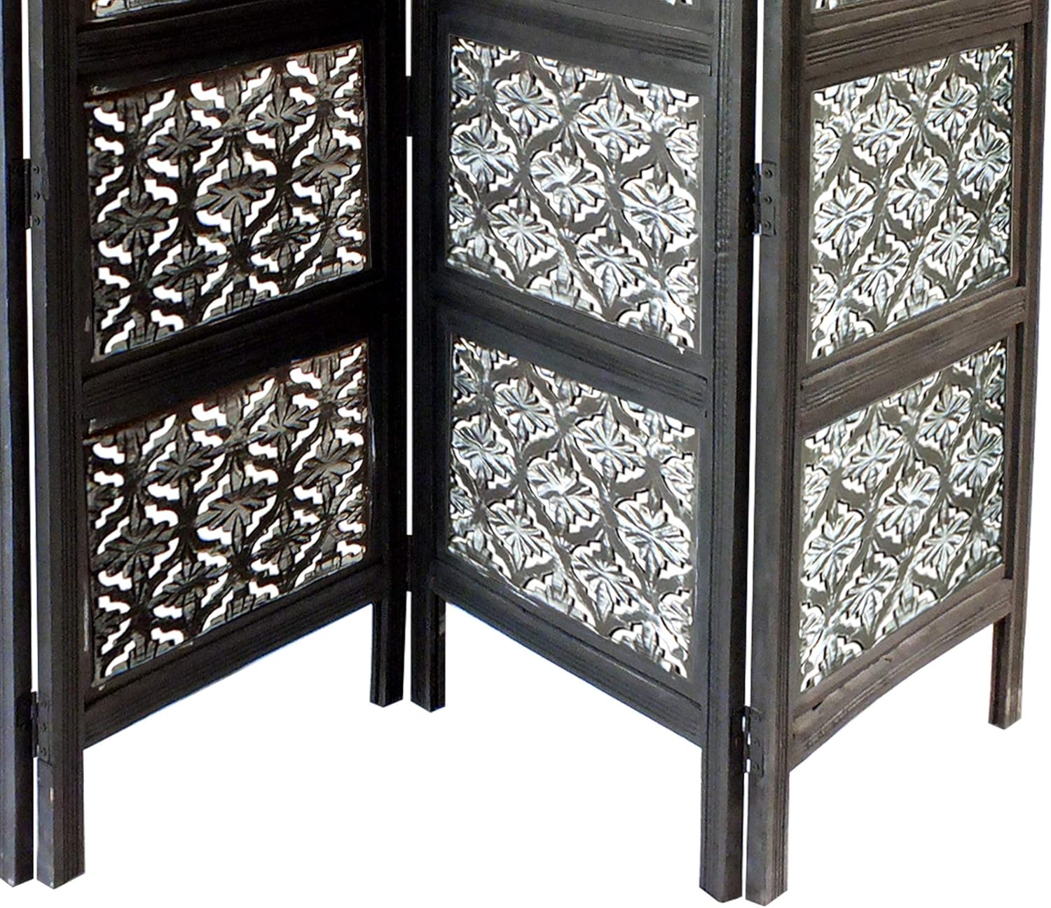 TUP The Urban Port , Black and White Four Panel Mango Wood Room Divider with Traditional Carvings