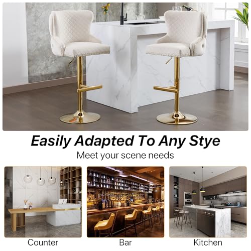 Velvet Barstools Set of 2, Counter Height Adjustable Swivel Barchairs with Golden Lion Head Ring, Thicken Padded Tufted Backrest Chrome Nailhead Trim Bar Stools for Kitchen(Beige)