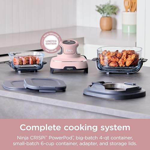 Ninja Crispi Air Fryer, Microwave, Freezer & Dishwasher Safe, Non Toxic Glass Portable Cooking System, 4 QT & 6 Cup Glass Containers with Storage Lids, Easy Meals, Air Fry, Bake, Green, FN101SG
