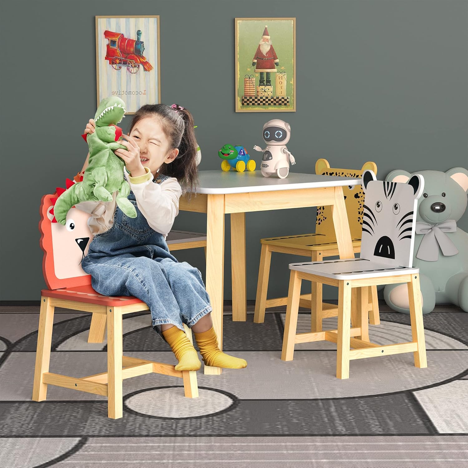 Wooden Children's Table and Four Chairs, Toddle Tables and Chairs Suitable for Children Aged 2-10