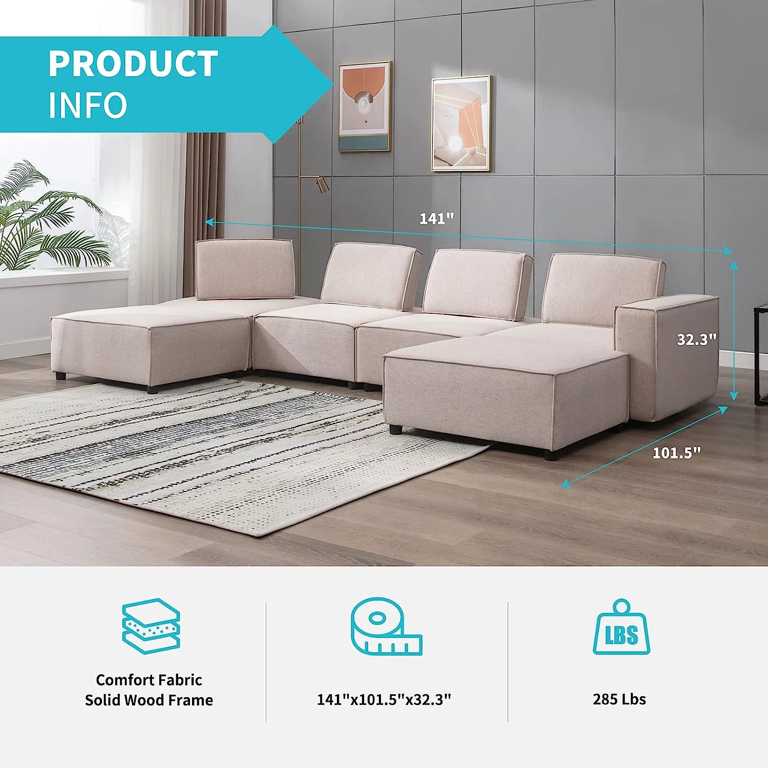 ZAFLY L Shaped Modular Sectional Sofa Couch, Armless Floor Sofa Couch with Ajustable Backrest, Convertible 6 Seats Sofa Bed, Oversized Variable Sectional Sofa Couches for Living Room, Beige