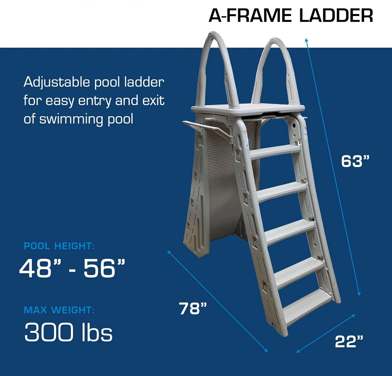 7200 Roll Guard 48" to 56" Adjustable A Frame Safety Ladder for Above Ground Outdoor Patio Swimming Pool Platform Ladder with Step Barrier, Warm Grey…