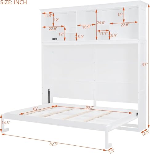 MERITLINE Queen Horizontal Murphy Bed Cabinet with Storage Bookcase Shelves and Charging Station,Wood Folding Grey Murphy Wall Bed for Adult