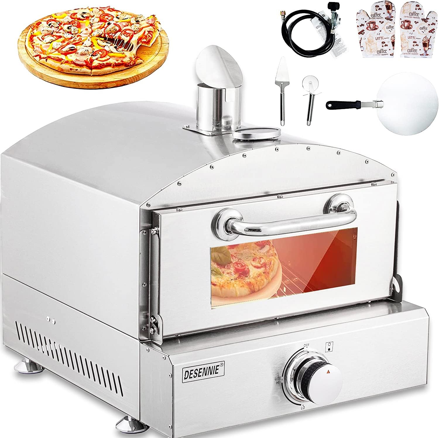DESENNIE Gas Pizza Oven with 12" Pizza Stone | Propane Pizza Oven Built-In Thermometer for Outdoor Camping | Portable Outside Gas Fired Oven Stainless Steel | Gas Connecting Pipe with Pressure Valve