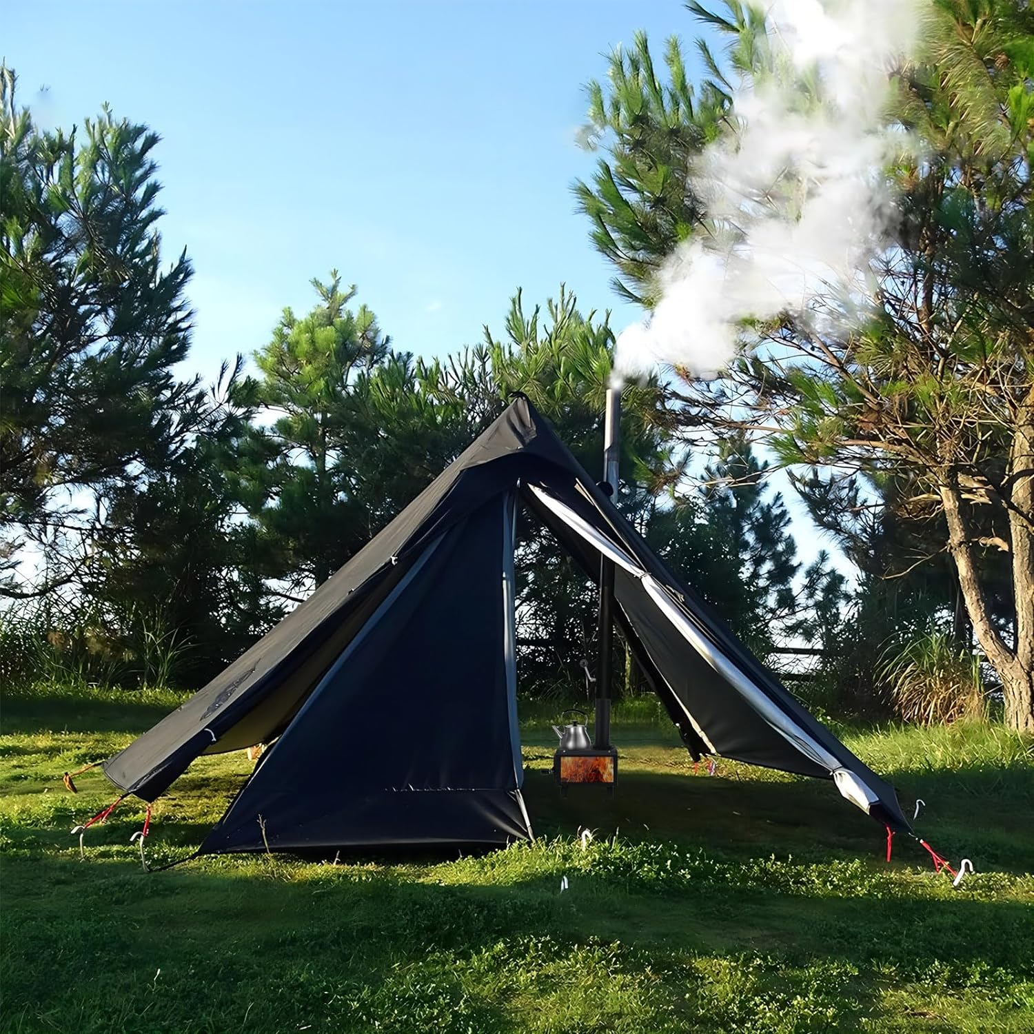 Wood Burning Stove with Fire Window,Portable Hot Tent Stove with 7 Sectional Chimney Pipes,Sturdy Camping Wood Stove with X-shaped Pot Holder for Outdoor Backpacking,Cookout,Hiking and Heating