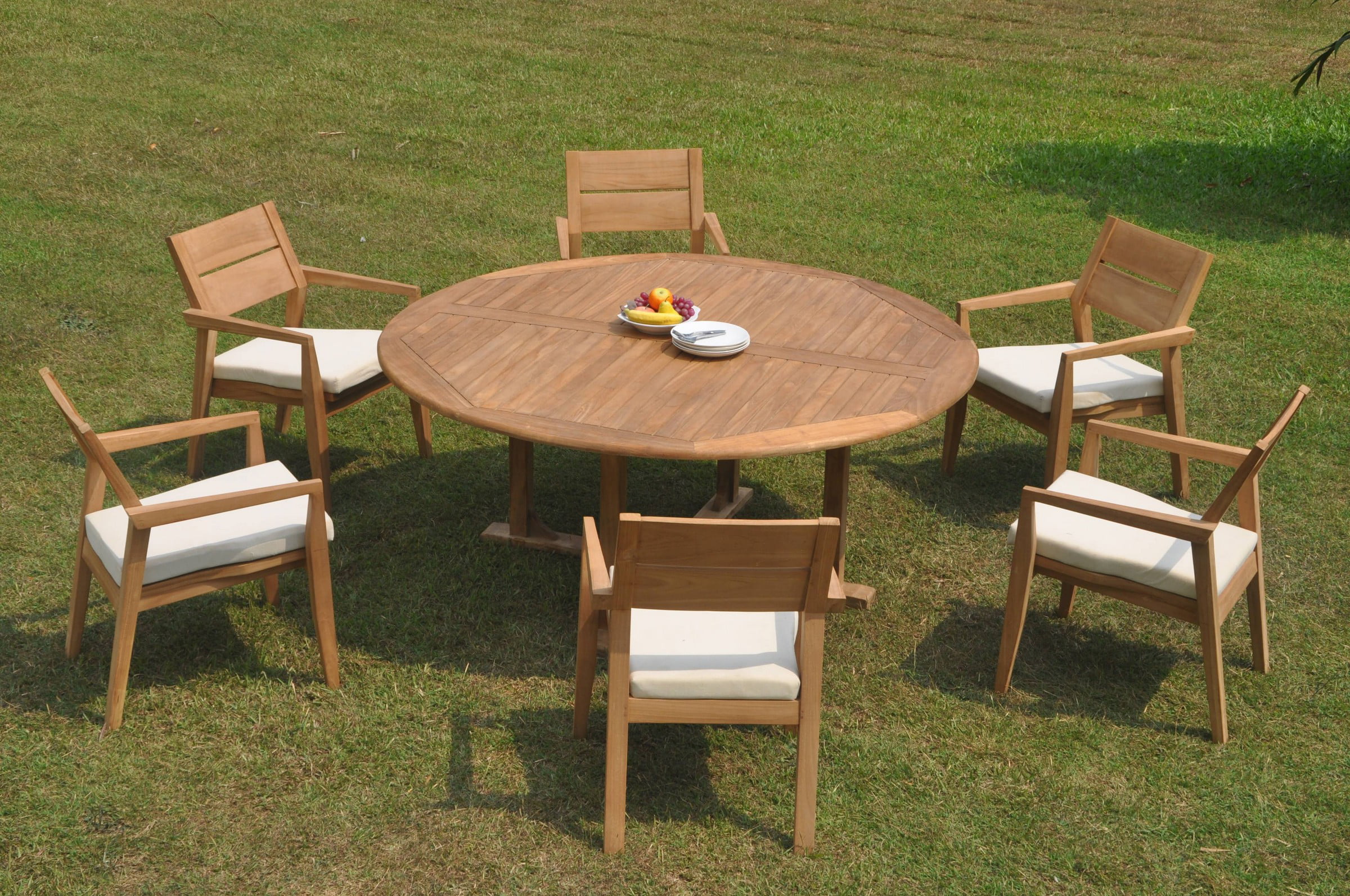 Grade-A Teak Dining Set: 6 Seater 7 Pc: 72" Round Table And 6 Vellore Stacking Arm Chairs Outdoor Patio WholesaleTeak #WMDSWVm