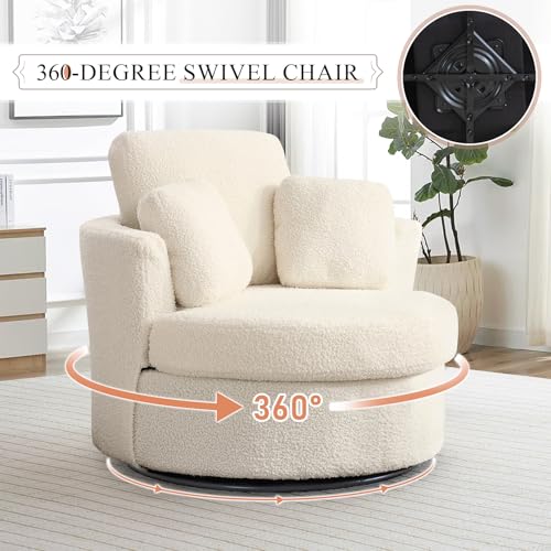 Chair and A Half with Ottoman, 360° Swivel Accent Barrel Chair Modern Comfy Round Reading Sofa Swivel Chairs Circle Lounge Chair for Bedroom Living Room w/4 Pillow Lower Seating Heigh (White, Large)