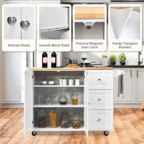 SILKYDRY Kitchen Island with Stainless Steel Top, Rolling Kitchen Trolley Cart with Storage Cabinet, 3 Drawers, Towel & Spice Rack, Island Table for Kitchen, Dining Room