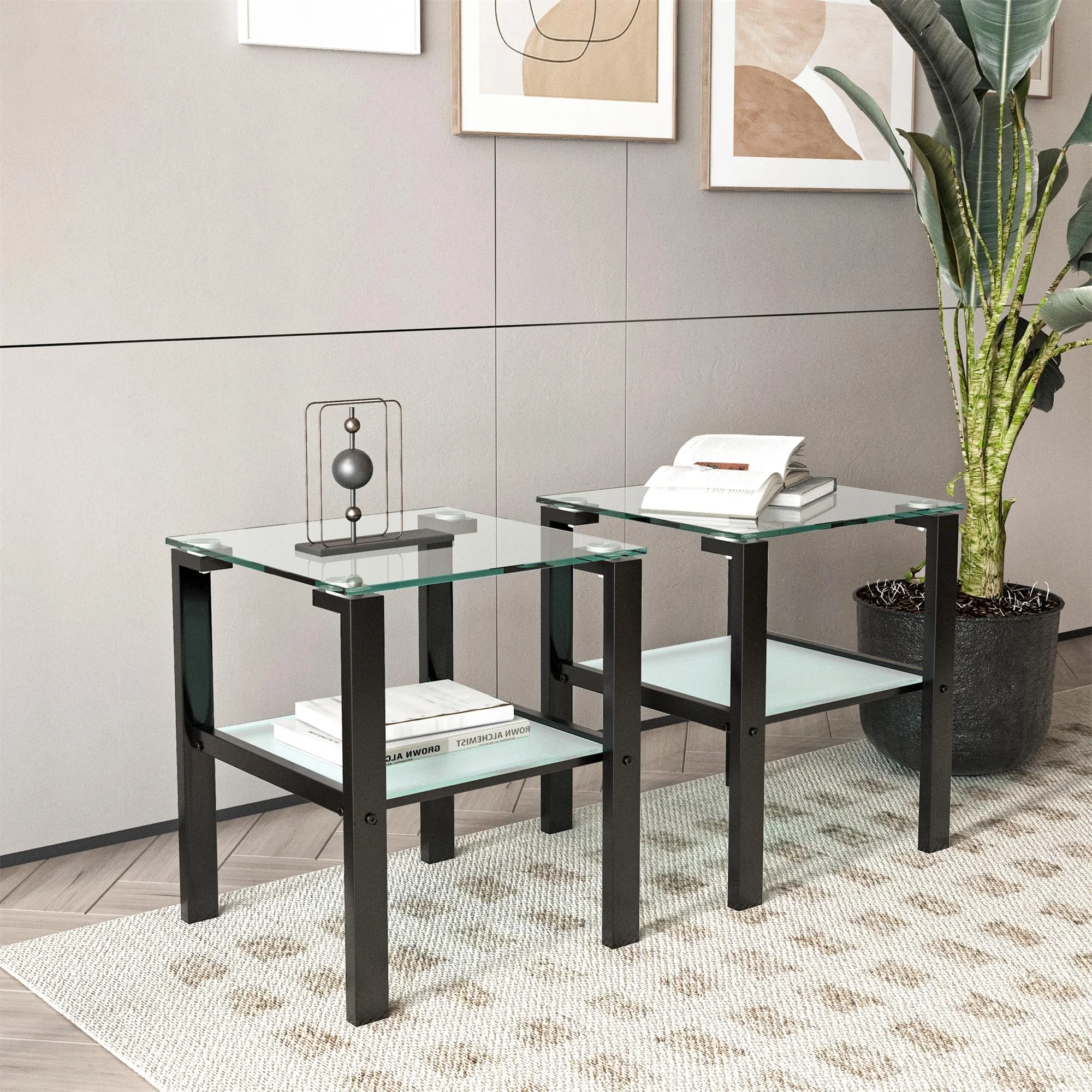 Ufurpie Set of 2 Tempered Glass End Table,Tea Table,Coffee Table,Square Side Table for Living Room,OfficeBlack