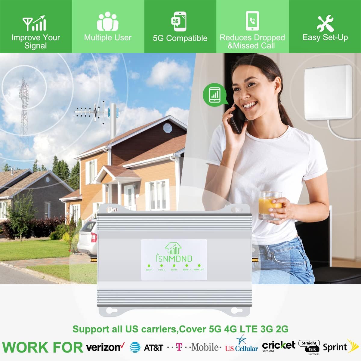 Verizon Home Cell Phone Booster AT&T Signal Booster for Cell Phone Boosts 4G LTE & 5G up to 6,000 sq ft for All U.S. Carriers, Cell Phone Booster Verizon Signal Booster ATT Cell Booster for Home