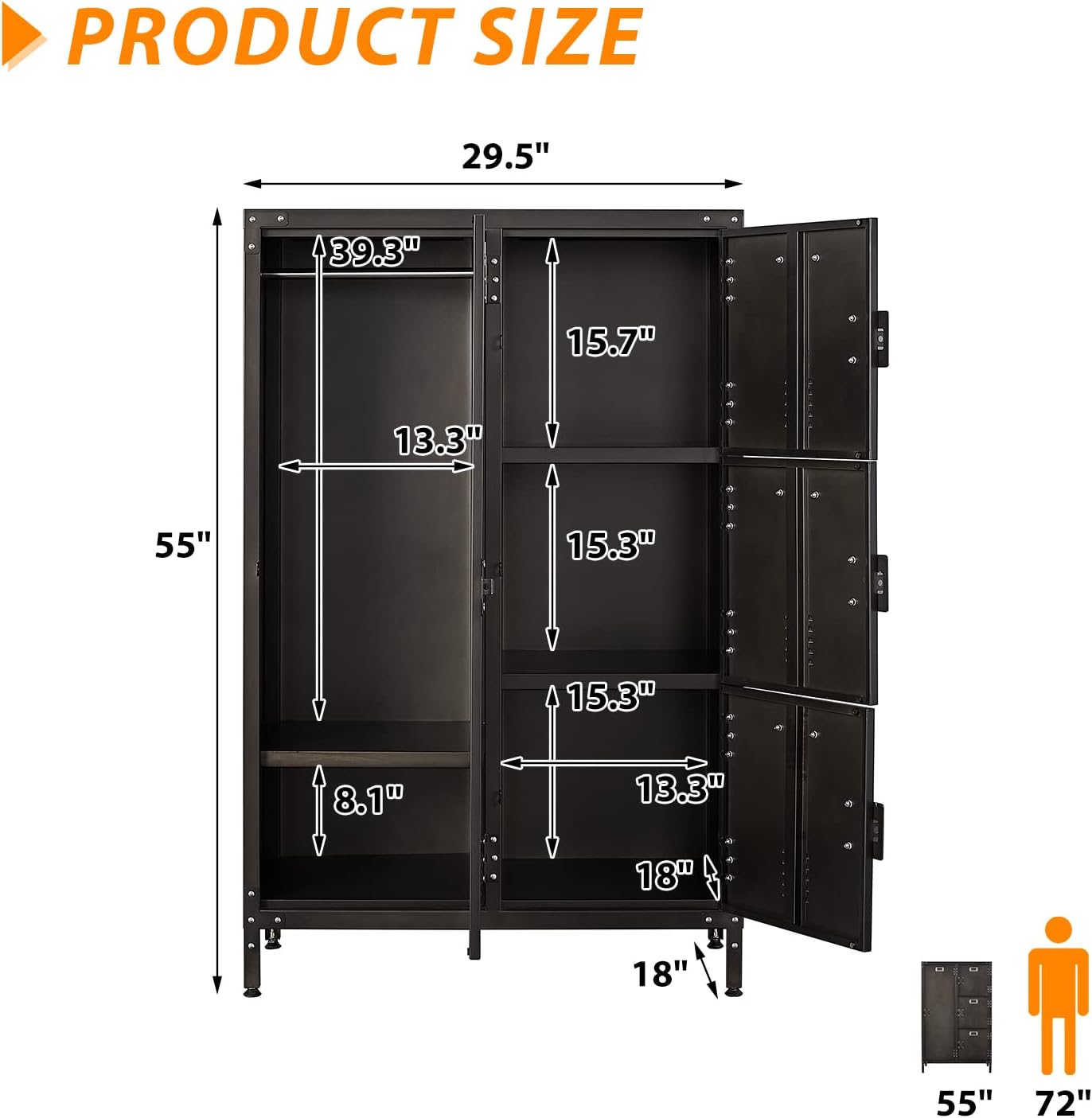 Metal Locker Storage Cabinet, 55" Employees Locker with 4 Doors, Steel Retro Wardrobe with Adjustable Feet for Home, Office, Gym, School