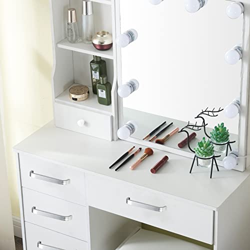 Makeup Vanity Desk with Lights and Mirror Table Set, Small Makeup Vanity with Drawers, Hollywood Lighted Mirror, White Vanity with Storage Shelves, Makeup Vanity Table Bedroom