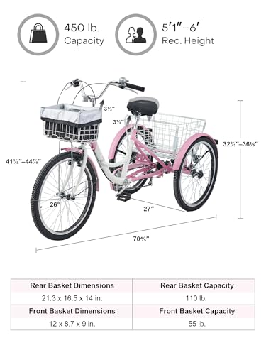 Viribus Adult Tricycle, 7 Speed Tricycle for Adults with Front & Rear Removable Wheeled Baskets, 3 Wheel Bikes for Adults Seniors Women Men, Trikes 400lb. 24 26 inch
