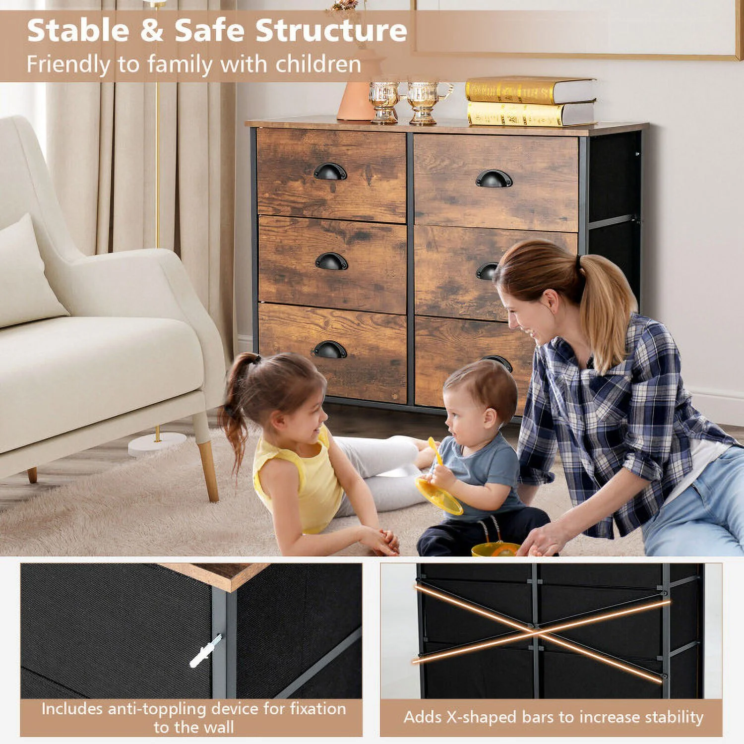 6 Drawer Dresser for Bedroom, Chests of Drawers, Fabric Vertical Dresser Storage Tower, Brown