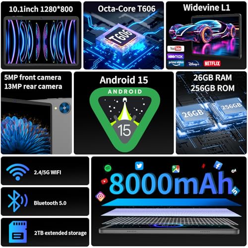 Android 15 Tablet with Keyboard, 26GB+256GB(2TB Expand), 10.1 Inch Tablet 8000 mAh Battery, BT 5.0, 5G WiFi, Widevine L1, Dual Camera, 2 in 1 Tab with Mouse, Case, Stylus(Black)