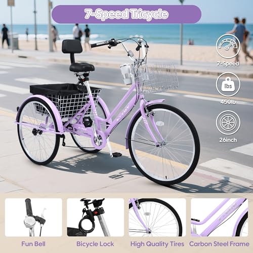 26 Inch Tricycle for Adults, 7 Speed Beach Cruiser Bike Adult Tricycles for Women Men, 3 Wheel Bikes for Adults Large Seat with Backrest, Three Wheel Bikes with Front & Rear Baskets