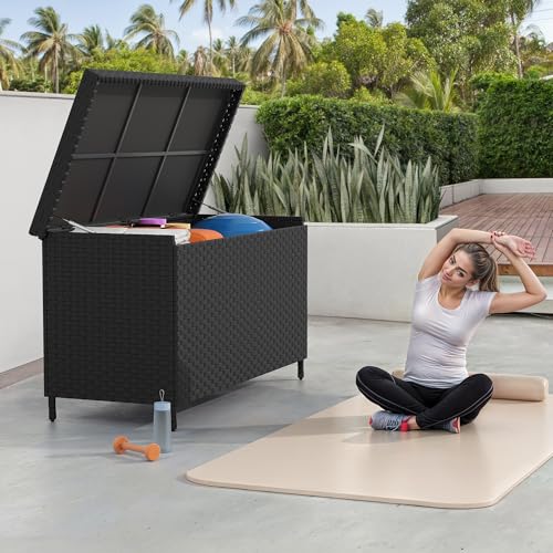 YITAHOME 230 Gal Outdoor Storage Box, XXL All-Weather Wicker Deck Box for Patio Furniture, Cushions, Pool Accessories and Garden Tools - Black