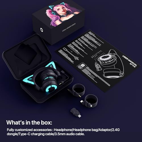 YOWU Cat Ear Headphones 4GS -Wireless Bluetooth Noise Cancelling Headphones, RGB Gaming Headset with Mic & 2.4G USB/Type C Dongle for PC/PS4/PS5/XBOX/Switch