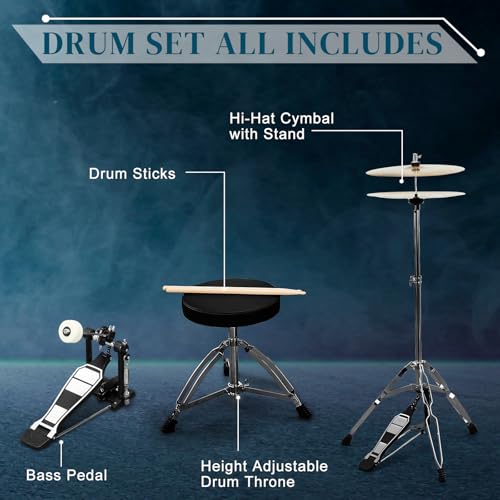 Ktaxon 22 Inch Adult Drum Set, 5-Piece Full-Size Drums Kit with Cymbal Stands, Hi-hat Stand, Sticks, Drum Pedal, Stool & Floor Tom for Beginner Teens Student (Blue)