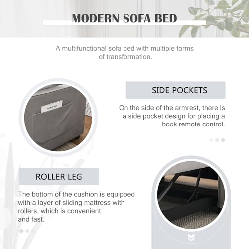 Sleeper Sofa Bed, 3 in 1 Sofa Bed Pull Out Couch Bed with Adjustable Backrest, Modern Sofa Bed for Living Room, Convertible Sofa Bed for Bedroom. (Grey)