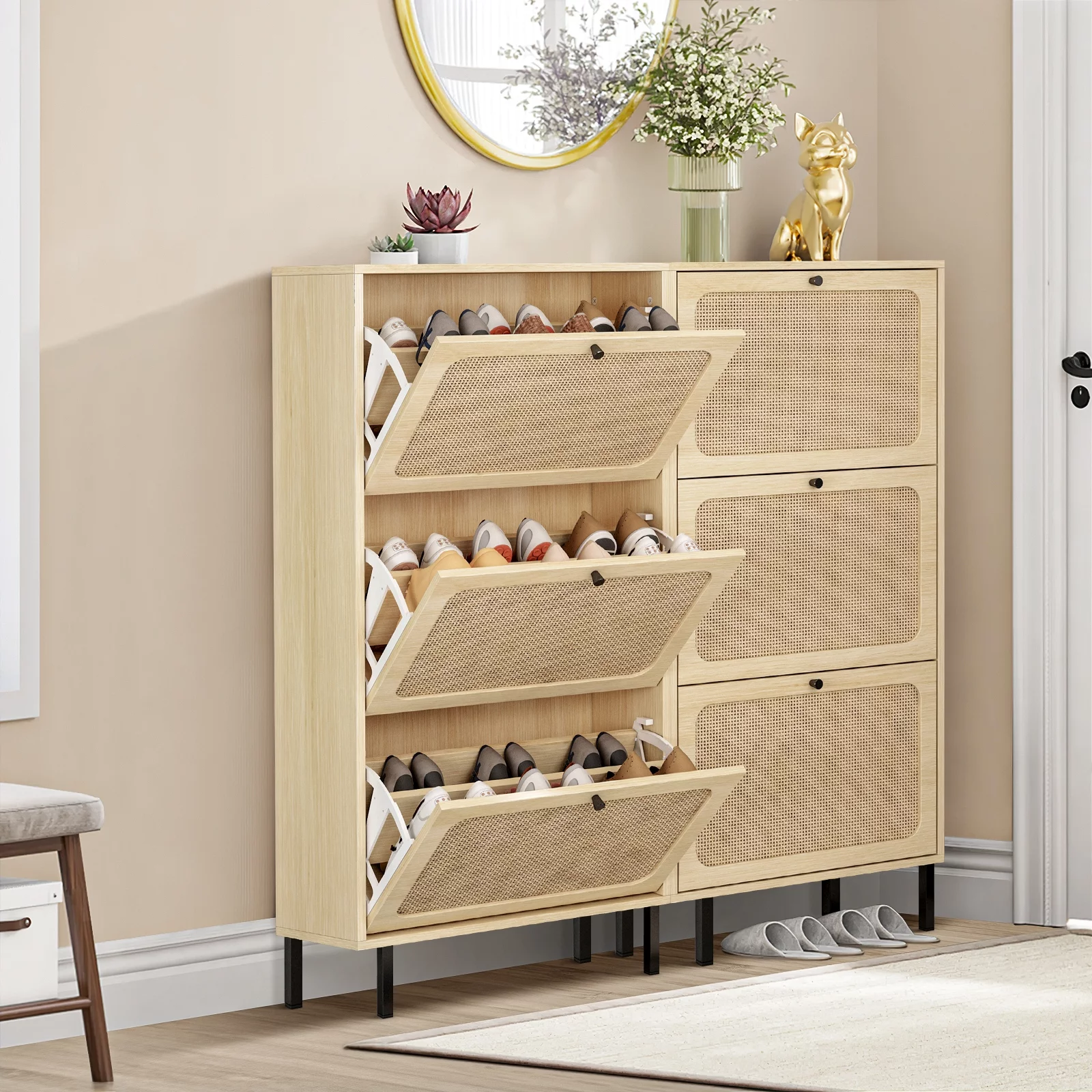 Sweiko Wooden Shoe Storage Cabinet with 3 Flip Drawers for Entryway Store 18 Pairs Natural Rattan