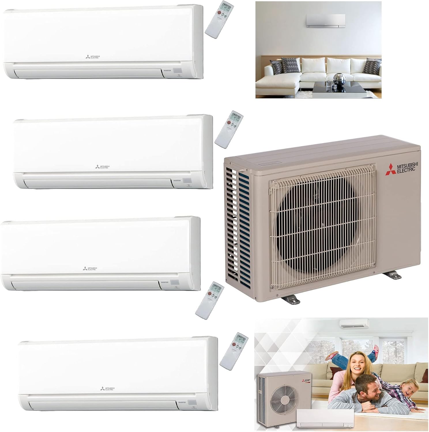 Mitsubishi 36,000 BTU Quad Zone Ductless Mini Split System with Wall Mount units, 4 x 9,000 Btu Indoor Units, SEER 19 Cool & Heat Energy Efficient