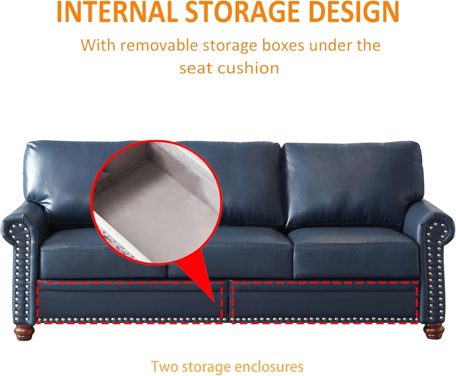 3 Seater Leather Deep Seat Sofa with Storage Box Navy Blue Solid Classic Modern Contemporary Nailheads Removable Cushions