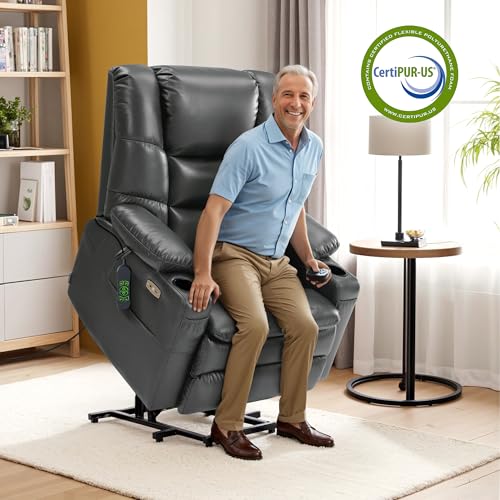 MCombo Large Triple Motor Power Lift Recliner Chair with Massage and Dual Heating, Adjustable Headrest for Tall Elderly People, Faux Leather 7634 (Dark Brown, Large)