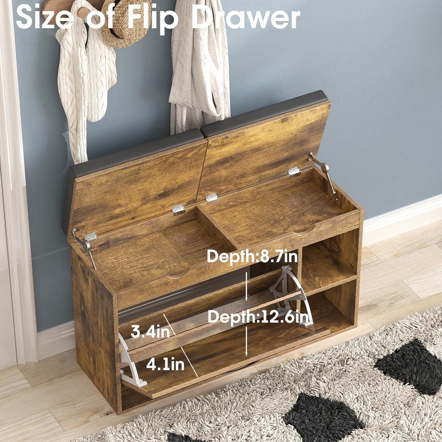 WAGEE Shoe Storage Bench with Flip Drawer, Entryway Bench with 2 Lift Top Storage Boxes, Adjustable Shelf, Narrow Shoe Rack Shoe Cabinet for Entryway Slim, Living Room, Bedroom, Mudroom,Rustic Brown