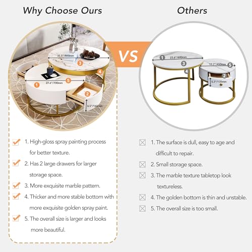 Modern Round Lift-top Nesting Coffee Tables with 2 Drawers for Living Room White & Natural