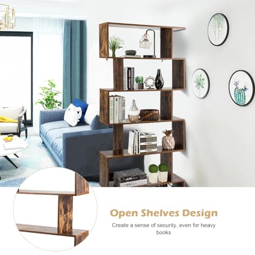 Tangkula 6-Tier Geometric Bookcase, Modern S-Shaped Storage Display Bookshelf for Living Room, Anti-Toppling Device, Home Office Wooden 6 Shelf Open Bookcase (2, Black)