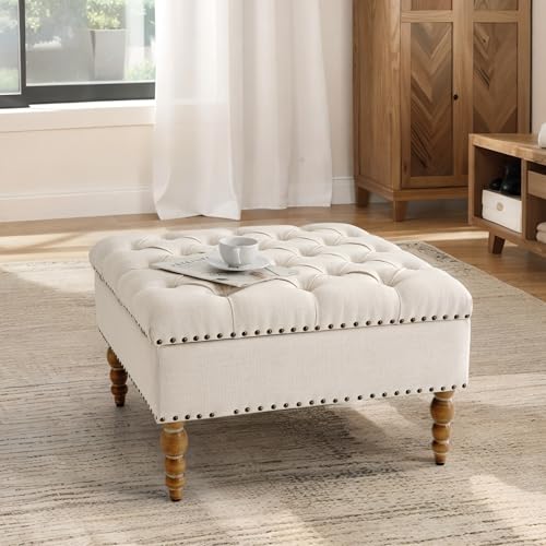 BEDHOURS Large Square Ottoman Coffee Table with Rivet Decoration, Hand-folded Roll Style Storage Ottoman with Solid Wood Shelf (Beige)