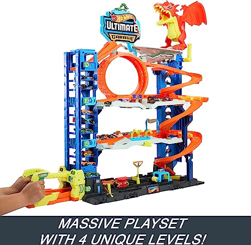 Hot Wheels City Toy Car Track Set Ultimate Garage with 2 Die-Cast Toy Cars & Car-Eating Dragon, Stores 50+ Vehicles, 4 Levels