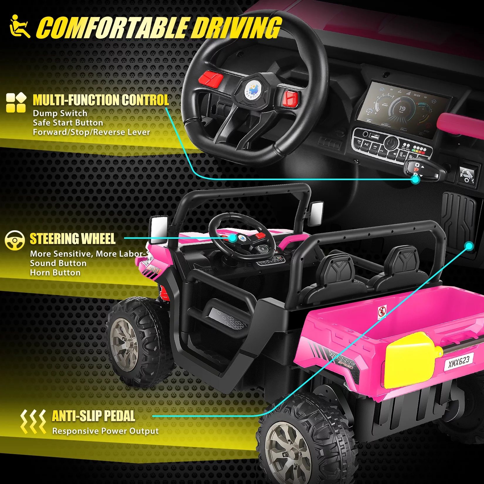 Vibespark 24 V 2x200W Kids Ride on Dump Truck with Remote Control, 2 Seater Electric Powered 4-Wheel UTV Toys, Ride on Tractor Car w/ Tipping Bucket Trailer, Shovel, Suspension, Bluetooth Music, Pink - Curated Treasures Market