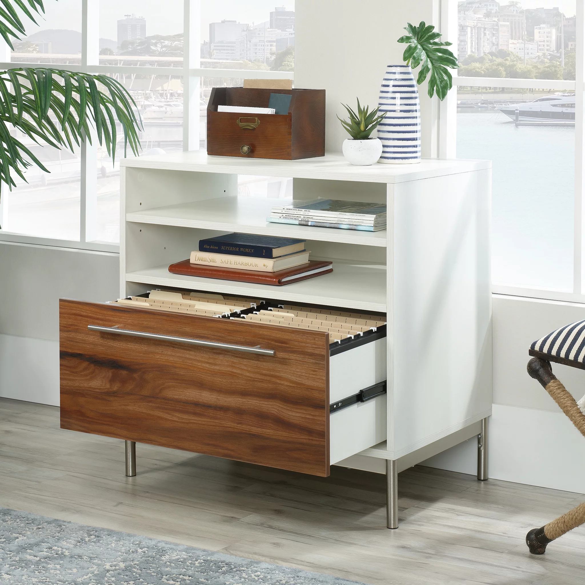 Sauder Vista Key Lateral Office File Cabinet with Open Storage, Pearl Oak Finish