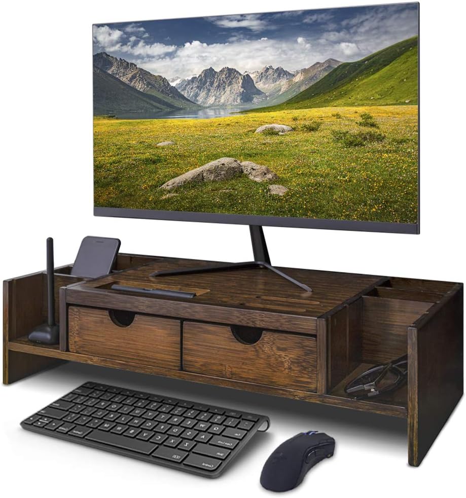 Crestlive Products Luxury Bamboo Computer Monitor Stand Riser with Adjustable Storage Organizer & Drawers Laptop Cellphone TV Printer Stand, Antique Brown Pack of 2