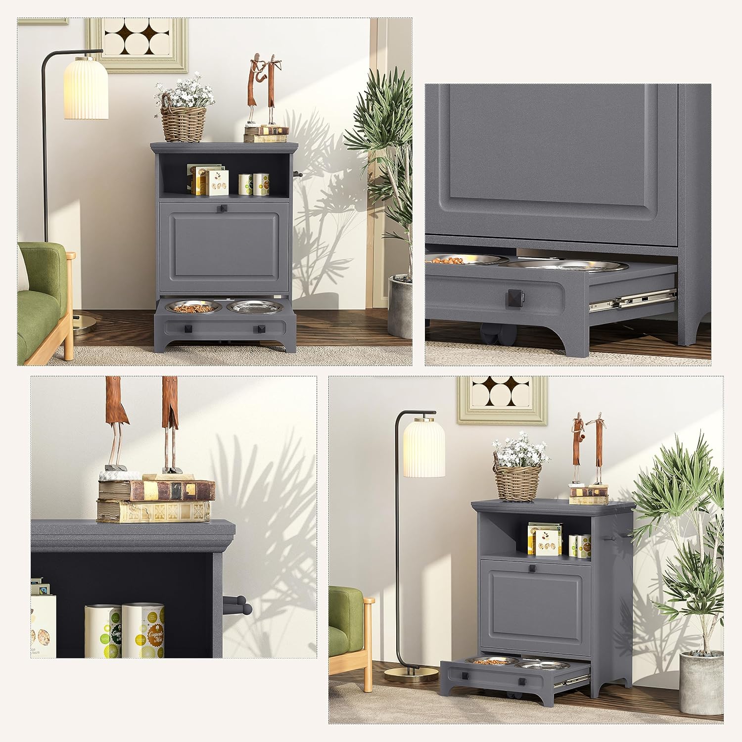 Roomfitters Modern Dog Feeder Station Furniture with 2 Raised Dog Bowls, Dog Food Storage Container, Pull Out Pet Food Cabinet, Dark Gray