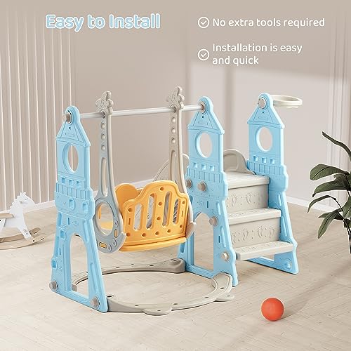 4-in-1 Toddler Slide and Swing Set with Extra Large Playground, Basketball Hoop & Climber, Indoor/Outdoor Playset, Castle Collection - Blue & Yellow