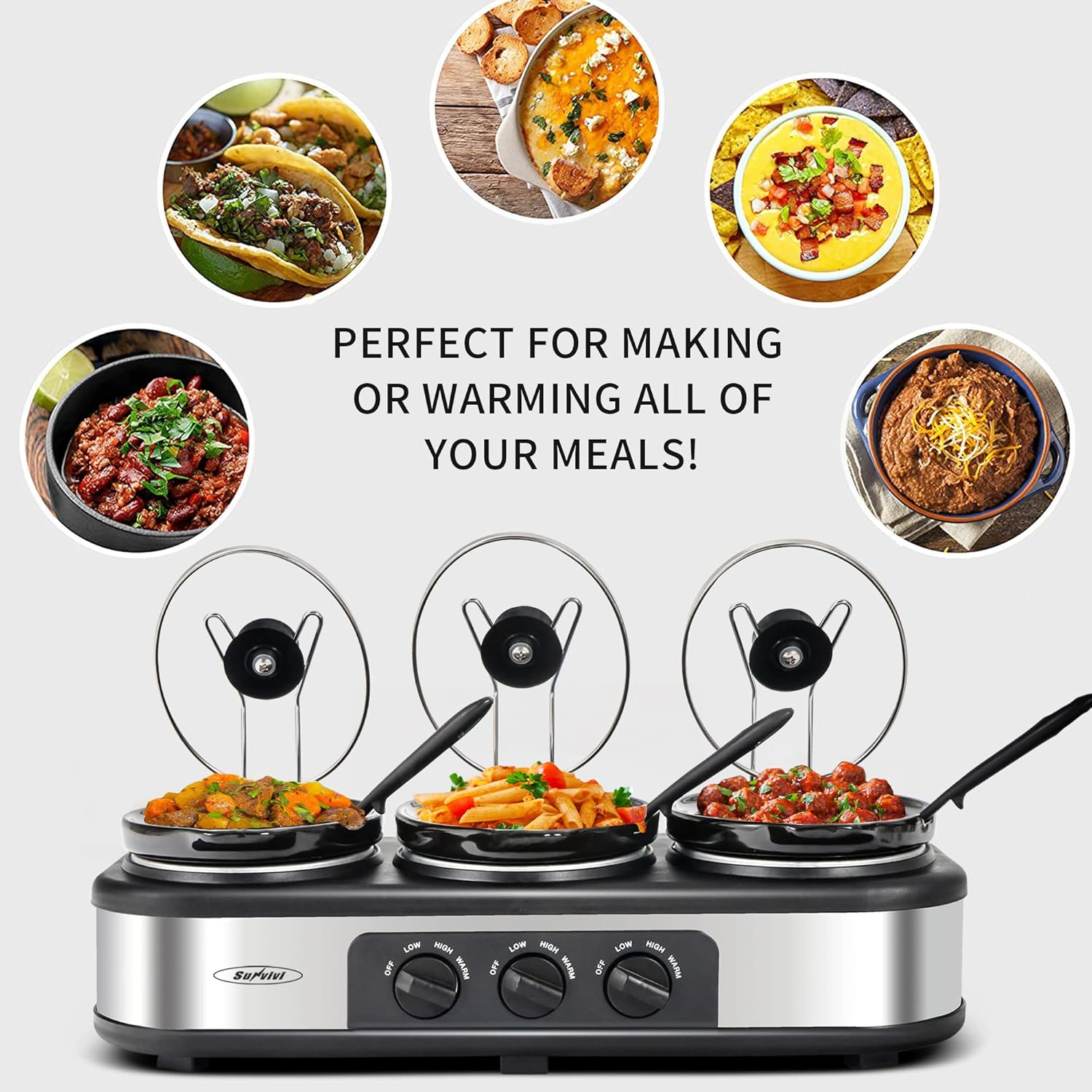 Sunvivi Triple Slow Cookers Silver and Red Color, Slow Cooker Mini Crock Pot for Dips, Food Warmers Buffet Server Stainless Sliver