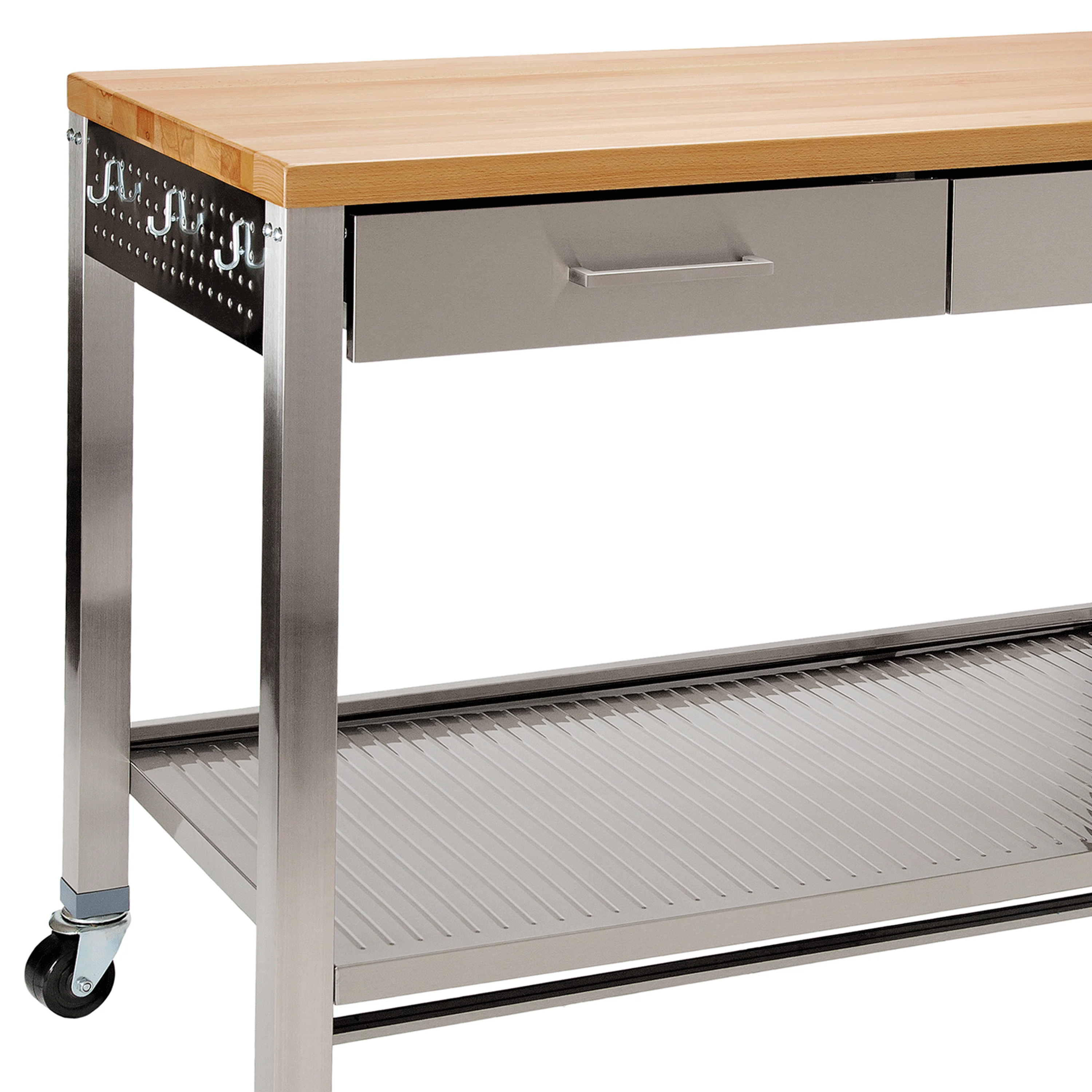 Seville Classics UltraHD Stainless Steel Workcenter Professional Kitchen Island, 2-Drawer, Peg Boards, Steel, Solid Wood Top