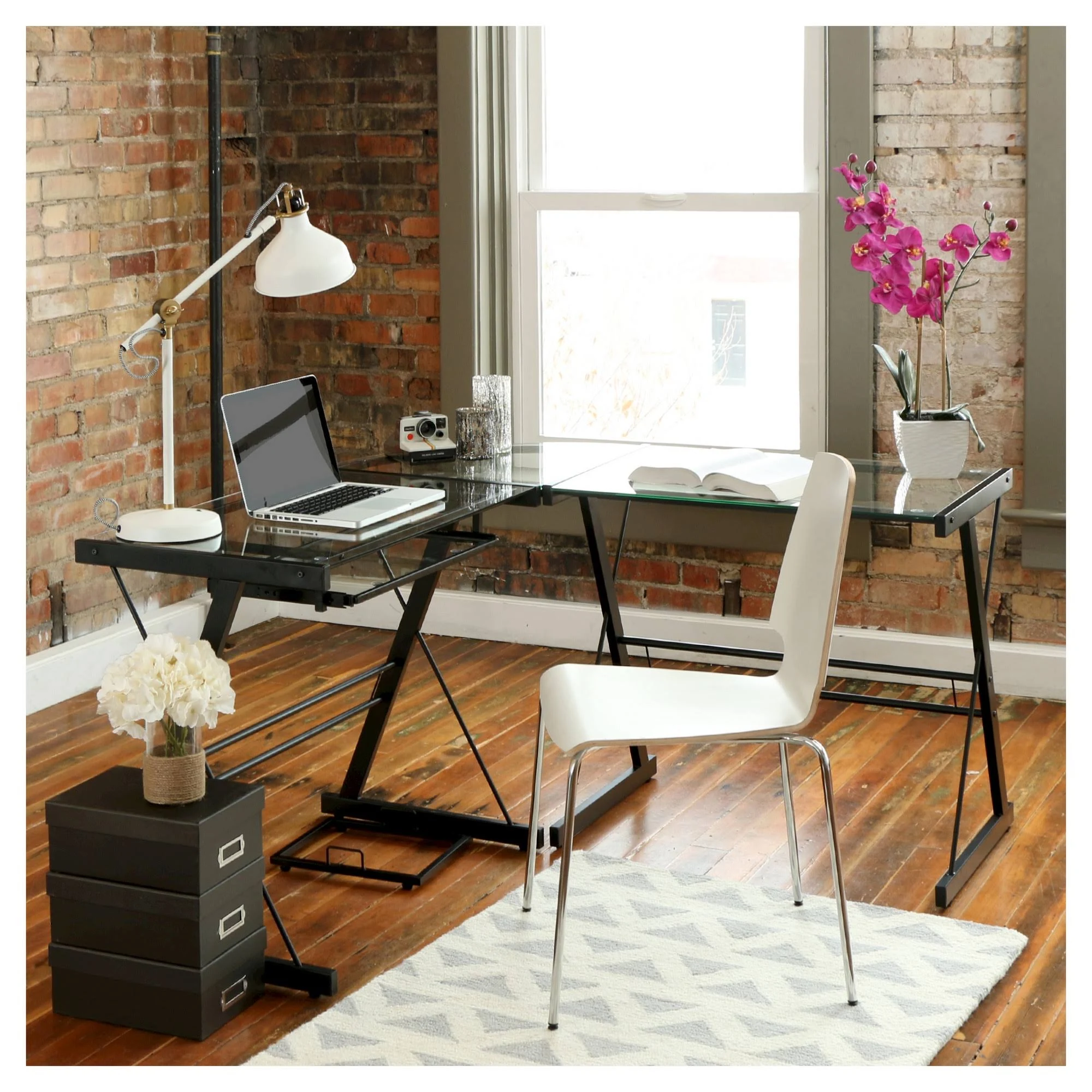 Glass L Shaped Computer Desk with Keyboard Tray Black - Saracina Home